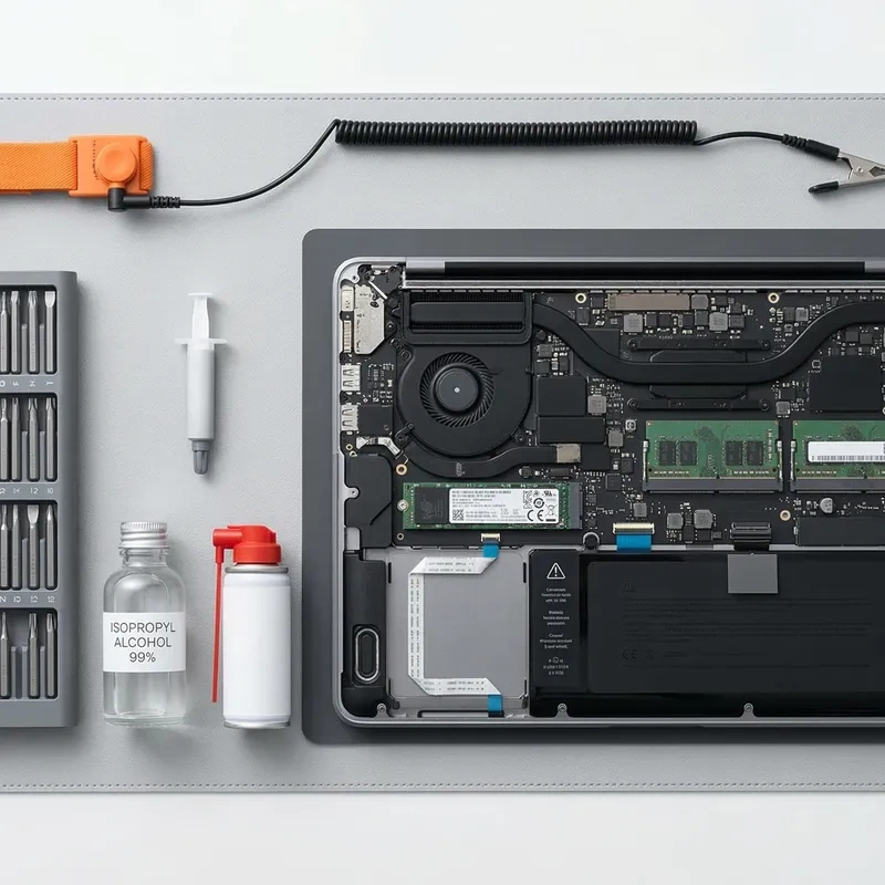 Stanowisko serwisowe z rozłożonym laptopem, narzędziami precyzyjnymi i pastą termiczną