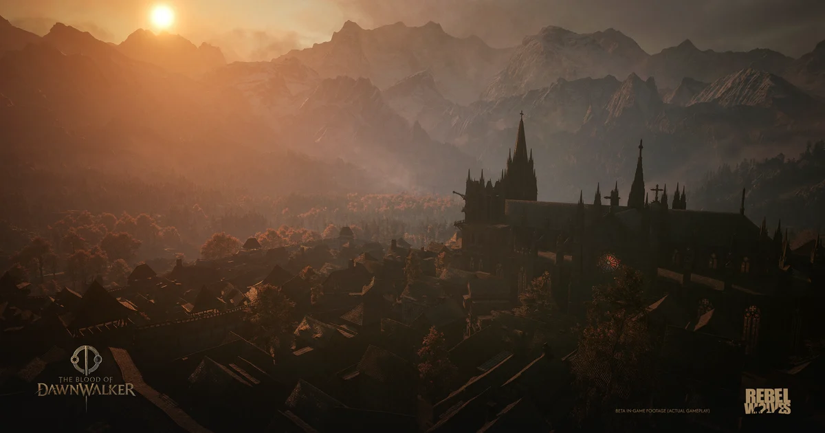 Panorama miasta o świcie w The Blood of Dawnwalker — otwarty świat z dużym zasięgiem rysowania