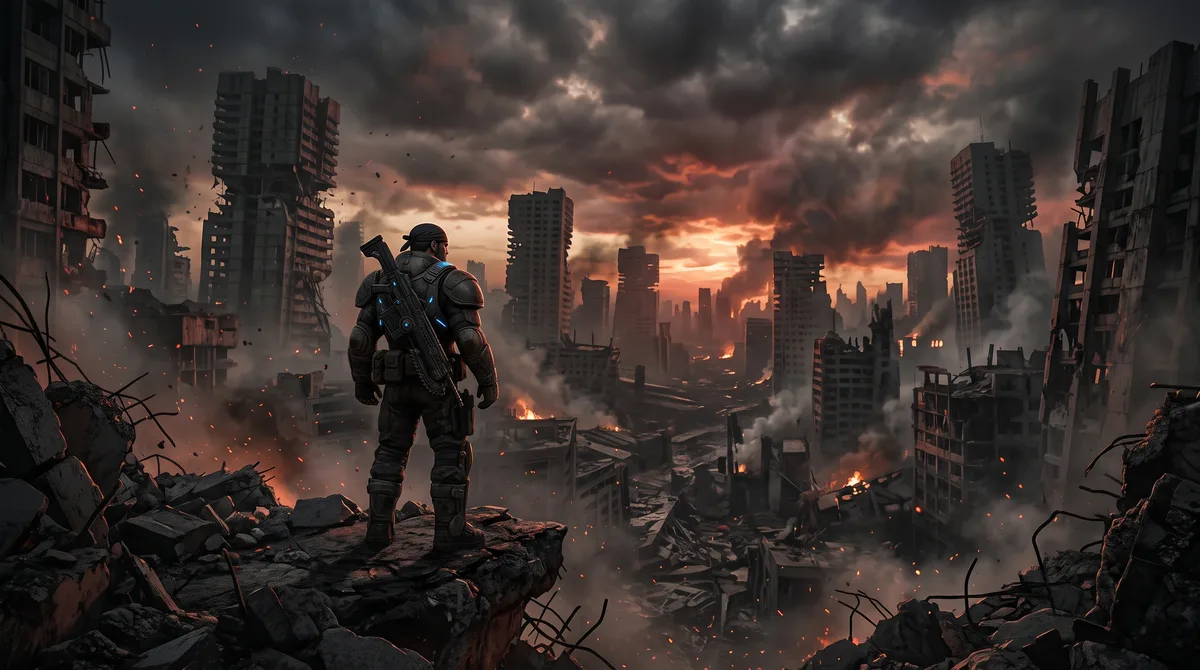 Mroczna, industrialna sceneria wojenna w stylu Gears of War — dym i ruiny na tle zachmurzonego nieba