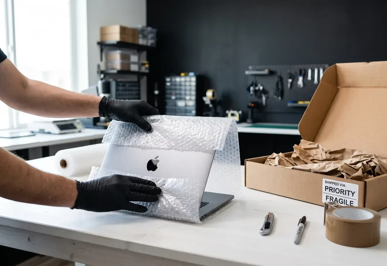 Laptop owinięty folią bąbelkową wkładany do kartonu z wypełniaczami